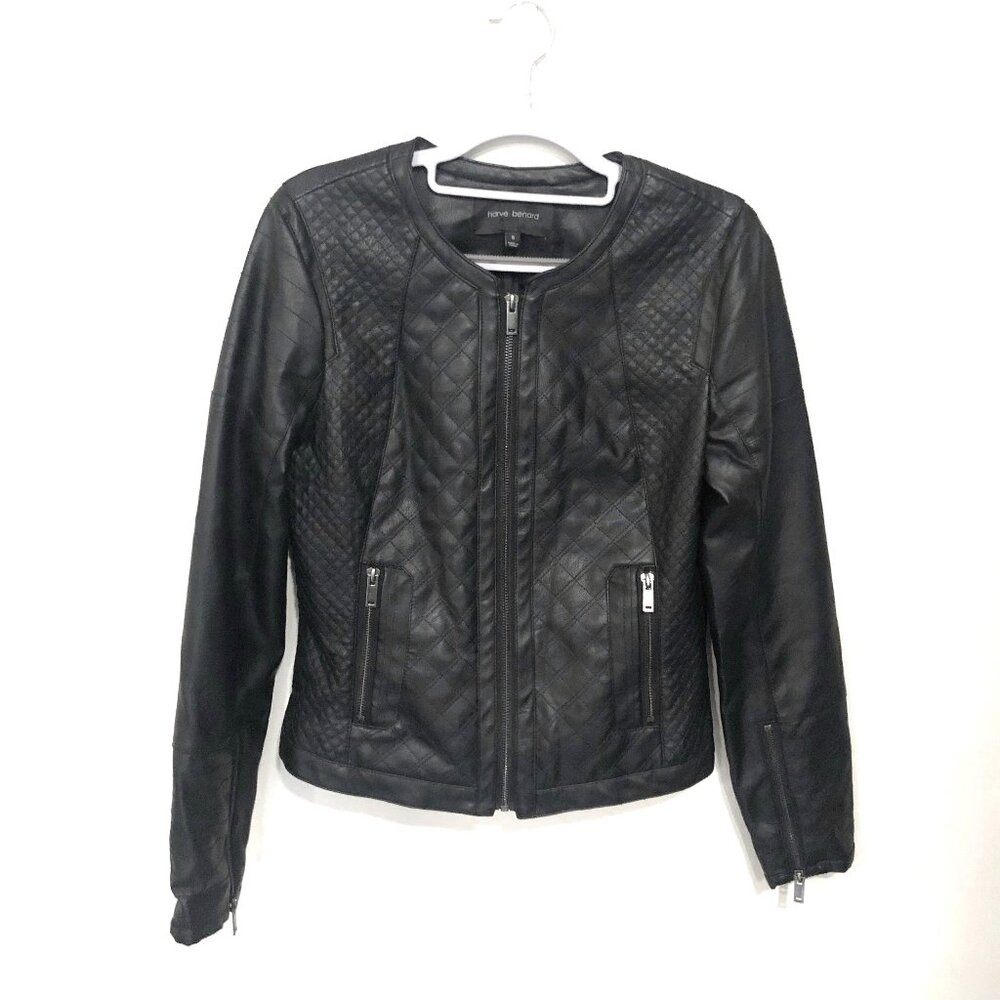 Harve Benard Black Vegan Leather Fitted Cropped Bomber Jacket Women's Small